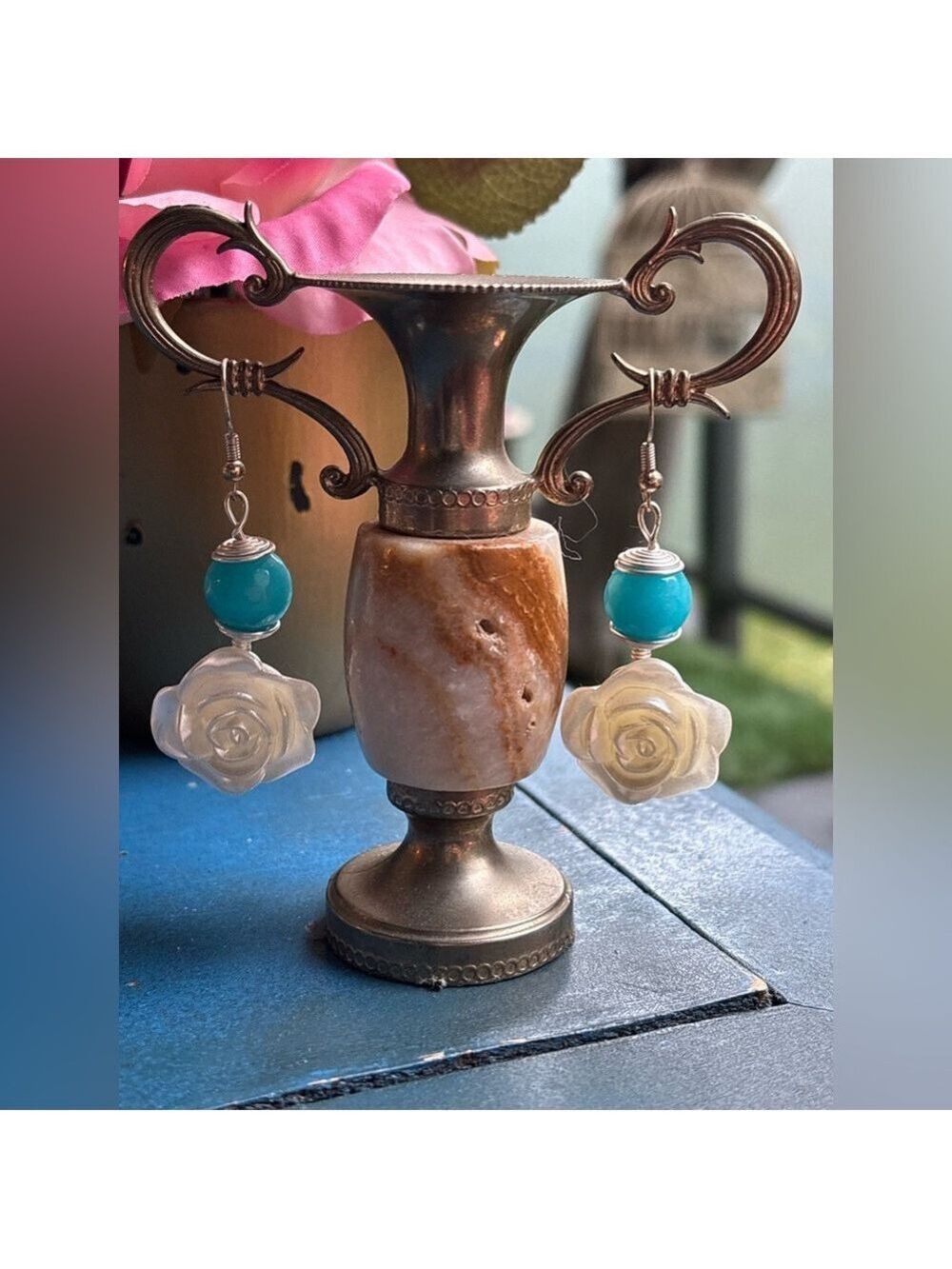 ARTISAN Hand Crafted Genuine Blue Faceted Jade Acrylic Rose Dangle Earrings 925